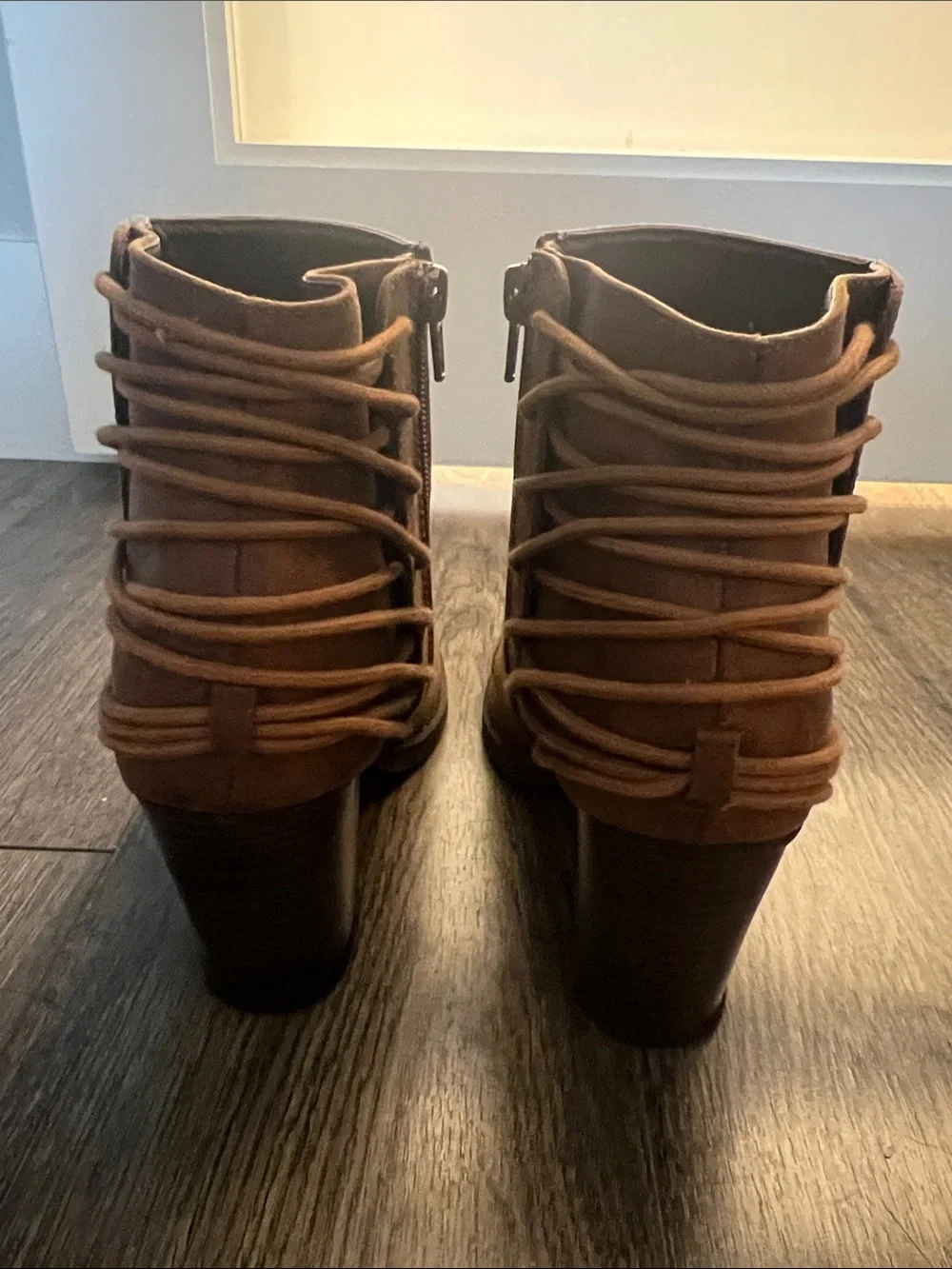 Candie's Brown Lace-Wrap Ankle Booties with Stacked Heel